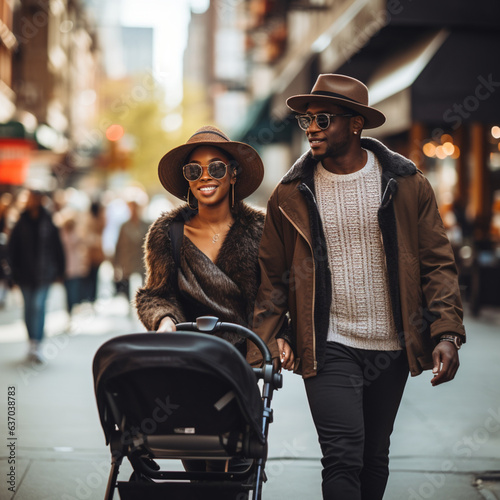 Black family walking down the street with their baby carriage. Generative AI. © DALU11