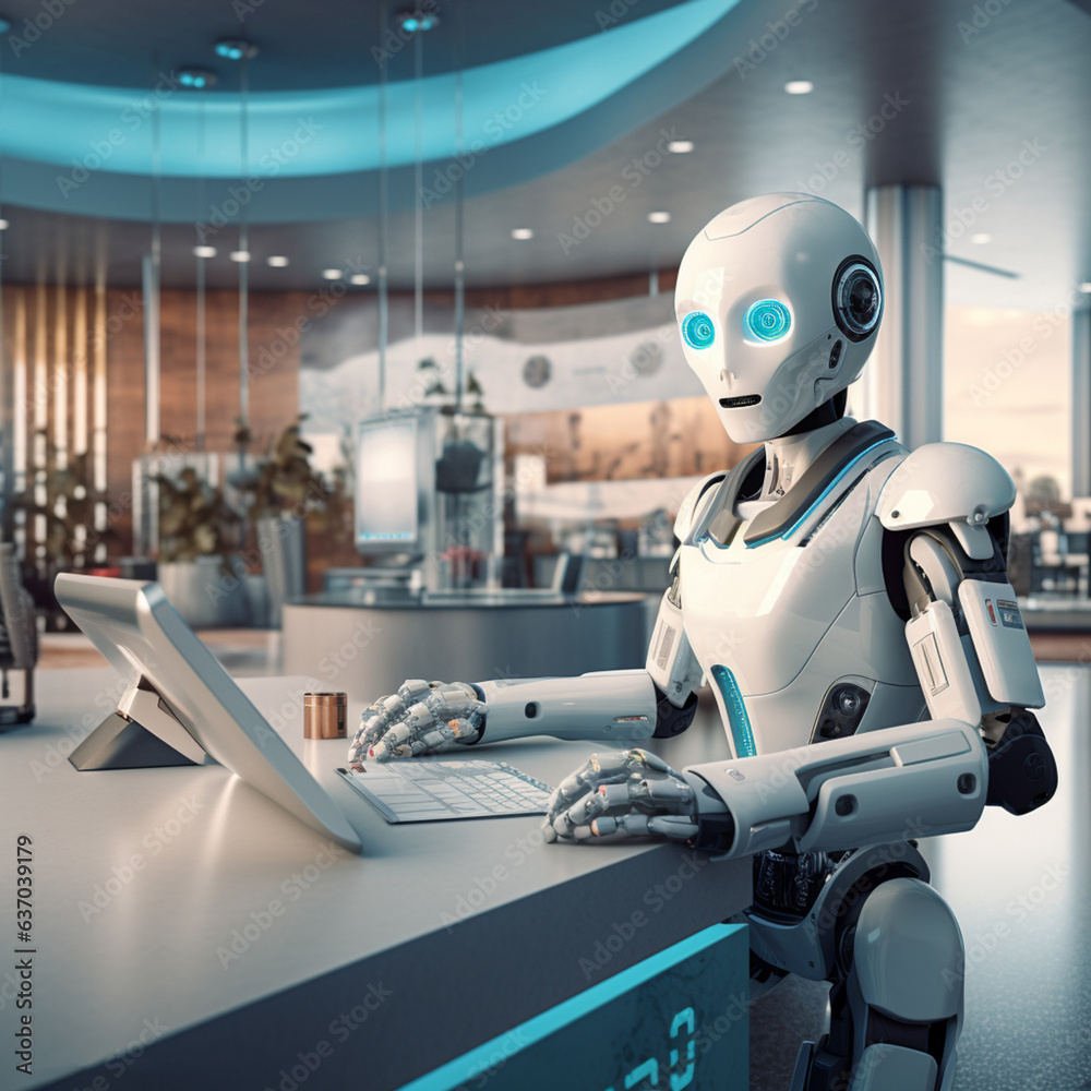 Assistance robot at the reception desk. Generative AI.