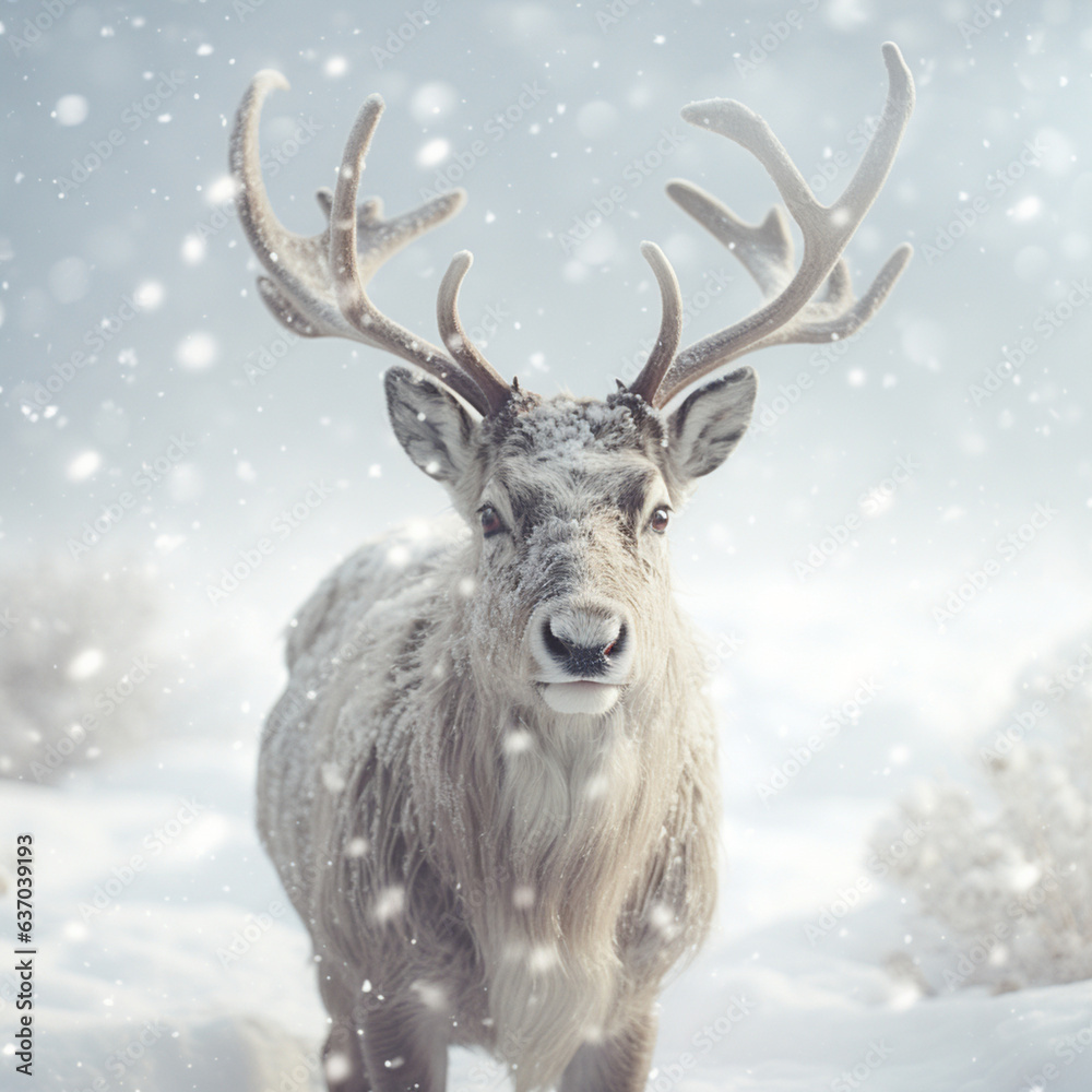 Reindeer in the snow. Generative AI.