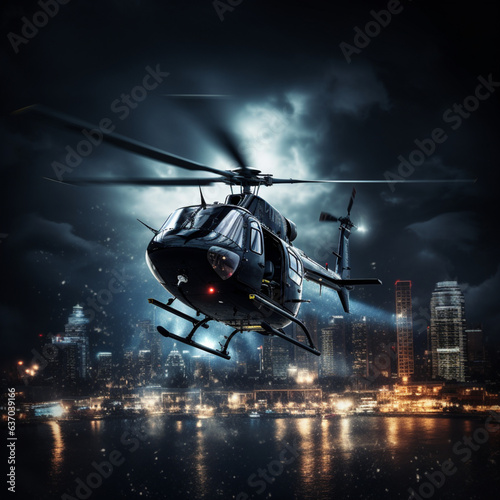 Police helicopter patrolling in the city. Generative AI.