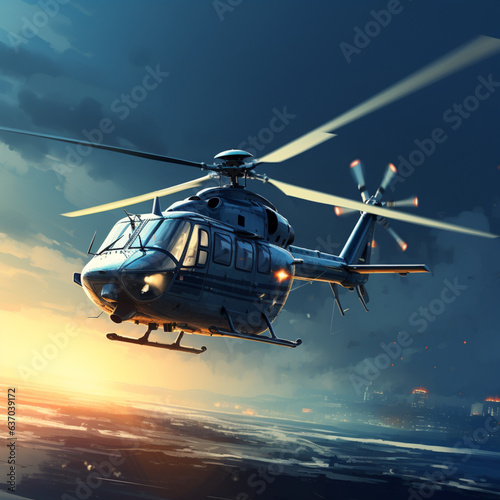 Police helicopter patrolling in the city. Generative AI.