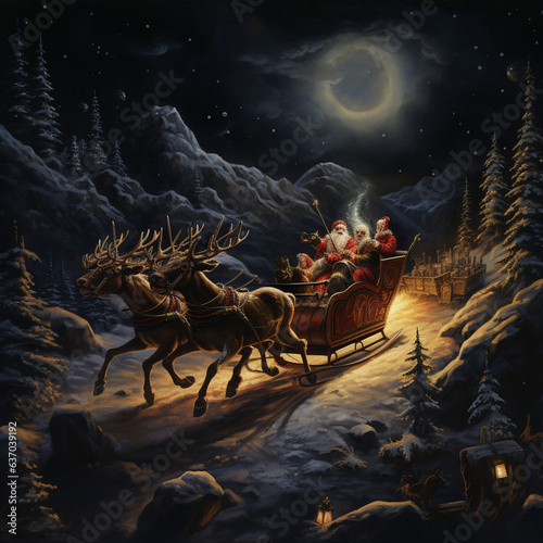 Santa Claus in his reindeer sleigh. Santa's sleigh. Generative AI.