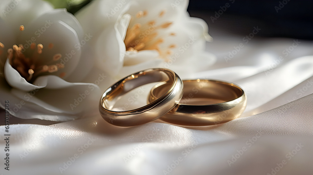 Two wedding rings lie on light satin. Generative AI technology. Two wedding rings lie on light satin. Generative AI technology.