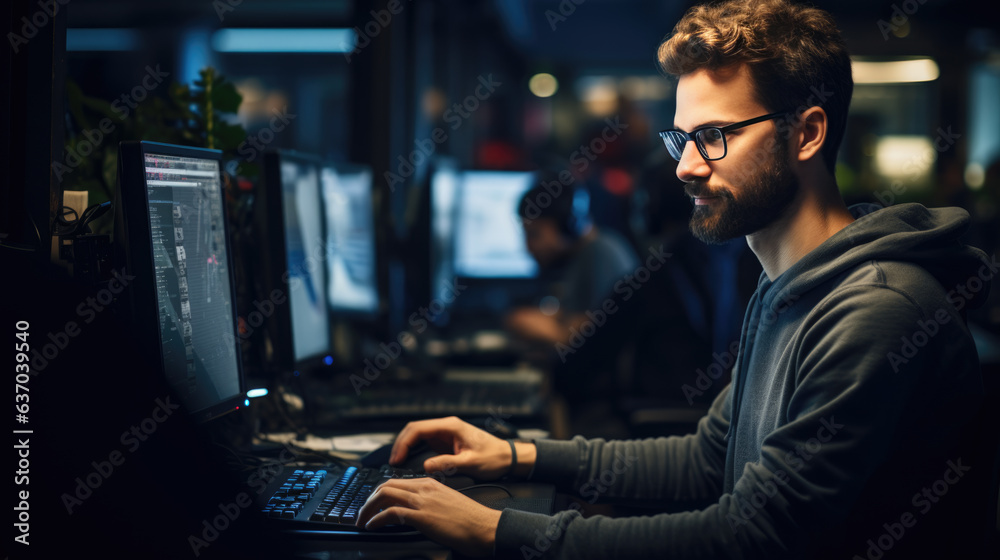 Cheerful programmer man wearing eyeglasses working with computers in office.