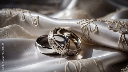 Two wedding rings lie on light satin. Generative AI technology. photo