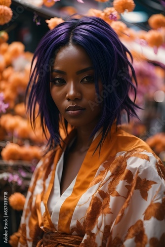 A woman with vibrant purple hair standing amidst a colorful array of flowers © Usman