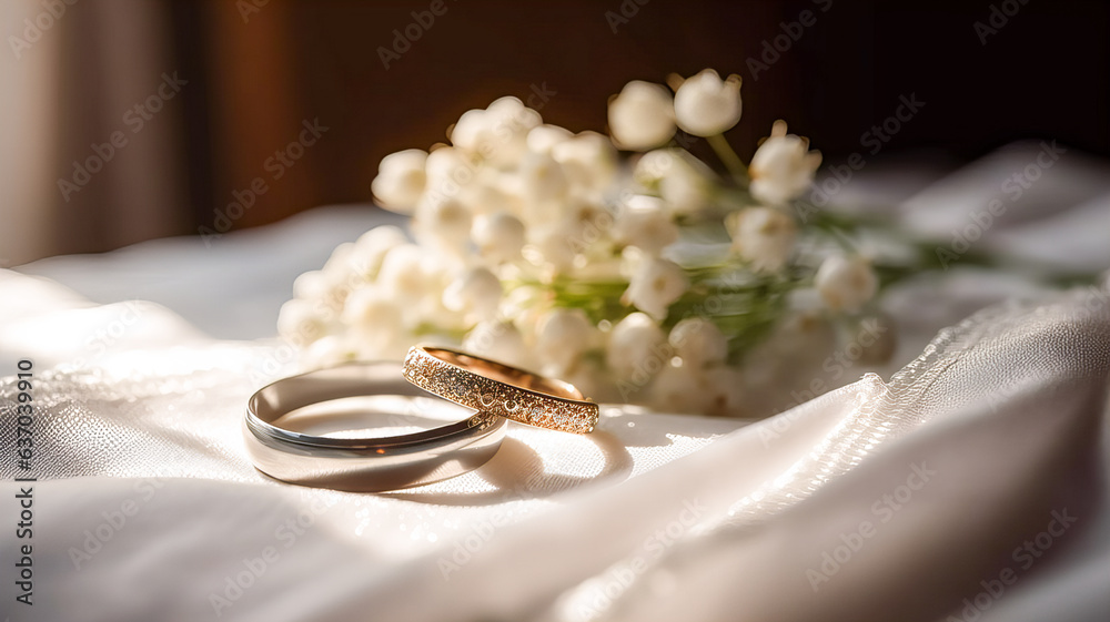 Two wedding rings lie on light satin. Generative AI technology. Two wedding rings lie on light satin. Generative AI technology.
