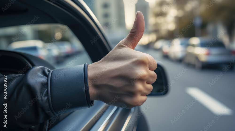 Man inside her car gesticulate thumb up Man inside her car gesticulate thumb up
