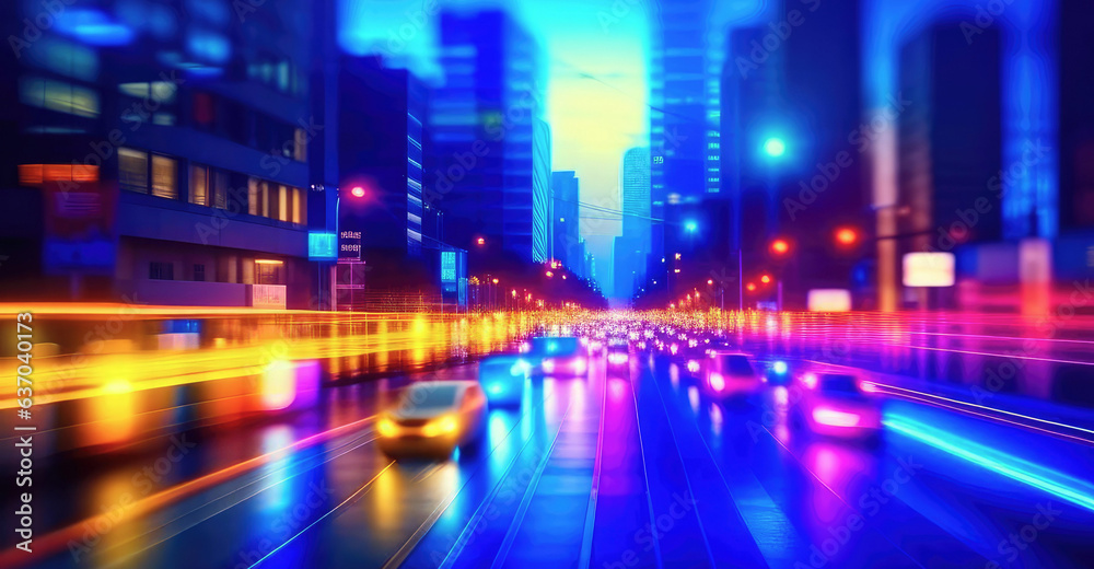 High-speed car traffic at night in neon city. Geneative AI.