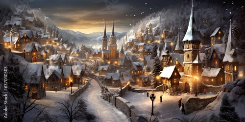 AI Generated. AI Generative. Cartoon village xmas christmas new year snow houses background. Graphic Art © AkimD