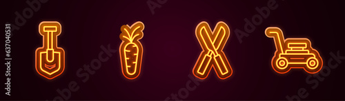 Set line Shovel, Carrot, Gardening scissors and Lawn mower. Glowing neon icon. Vector