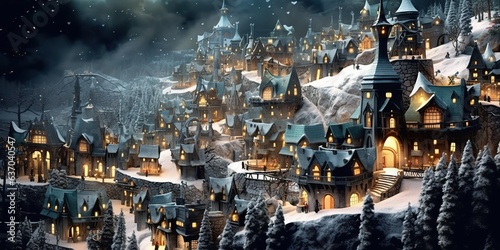 AI Generated. AI Generative. Cartoon village xmas christmas new year snow houses background. Graphic Art