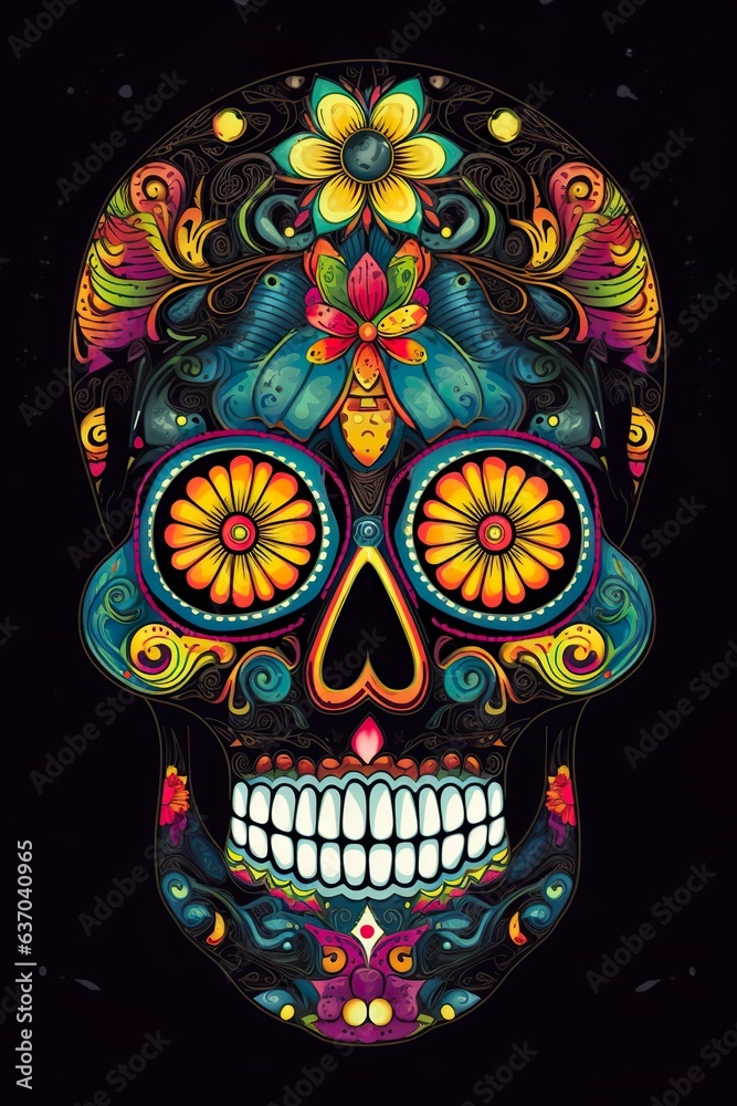 Fototapeta premium Mexican skull with flowers, black background. Generative AI.