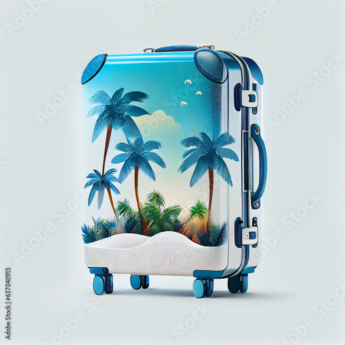 A blue travel suitcase with clouds and palm trees isolated on Solid White background, clipart, travel suitcase with luggage, Ai generated image