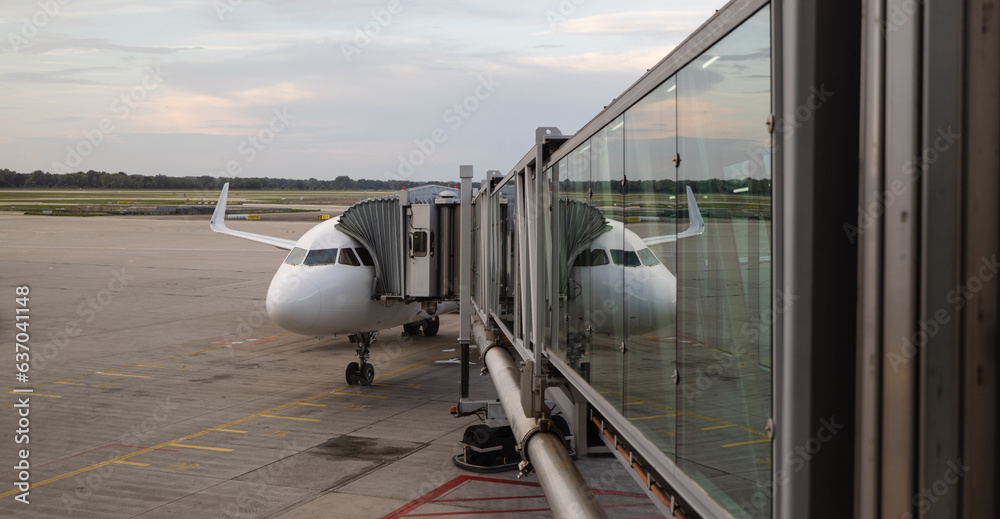 plane waiting for departure on airport, the bridge is still connected to the door plane waiting for departure on airport, the bridge is still connected to the door