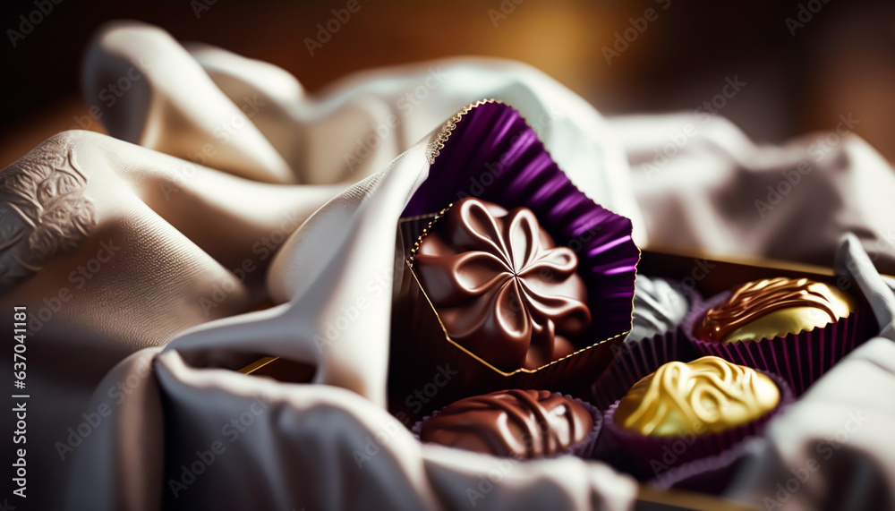 Chocolates and chocolate pralines in a gift box as a luxury holiday present, generative ai Chocolates and chocolate pralines in a gift box as a luxury holiday present, generative ai