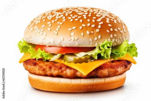 Perfect chicken burger isolated on white background, post-processed, generative ai