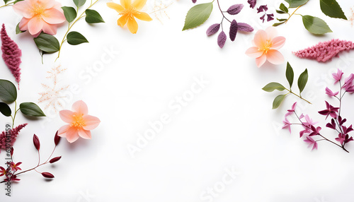 Lovely spring flowers and leaves on white background