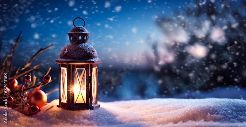 Vintage Christmas lantern on snow as magic night winter holiday background, Merry Christmas and Happy Holidays wishes, generative ai © Anneleven