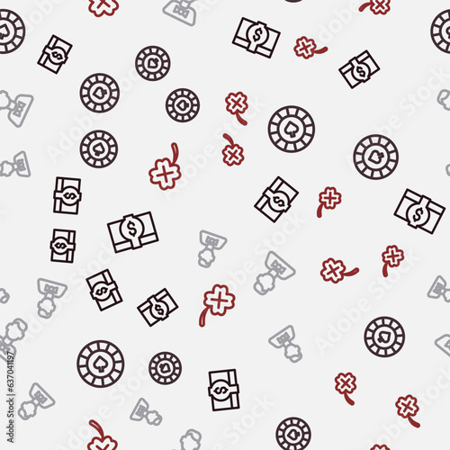 Set line Stacks paper money cash, Casino chips, dealer and slot machine with clover on seamless pattern. Vector