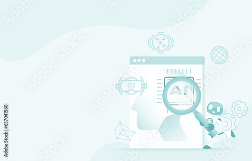 Artificial intelligence (AI) technology and research concept. AI robot augment microchip on real head for research, improvement, development, evolution, intelligent robot. Flat vector illustration.