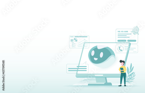 Artificial intelligence (AI) technology and task management concept. AI assistant showing schedule, reminder alert, stocks market, modify plan. Flat vector design illustration with copy space.