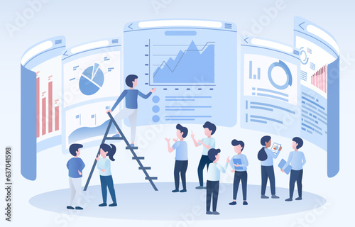Business people meeting, discussing and brainstorming data analysis concept. Connect, exchange and share information for successful business growth. Flat vector design illustration.