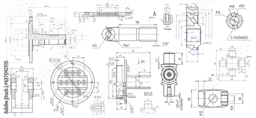 Vector engineering drawing of a steel mechanical parts with through holes. Industrial cad scheme on white paper sheets. Technology background.