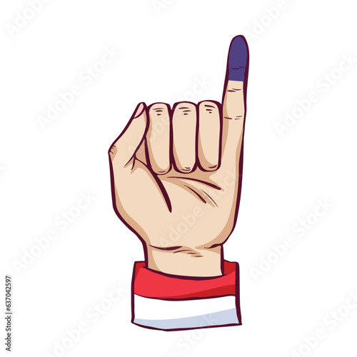 Left human hand with pinky finger up and inked vector illustration isolated on square white background. Indonesian president election day proof of voting. Simple flat outlined cartoon art styled.