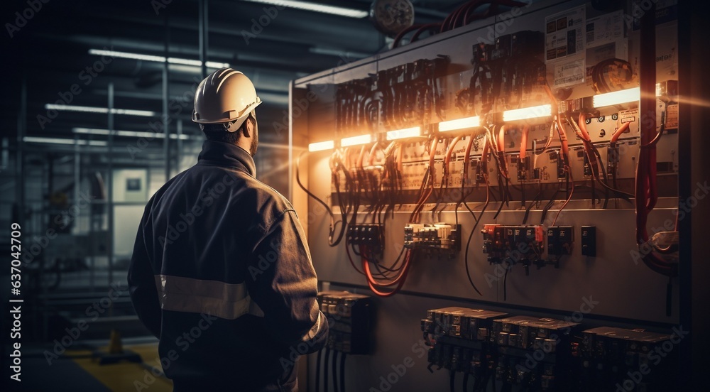 electrican working in a factory, worker with helmet, electrical worker in action