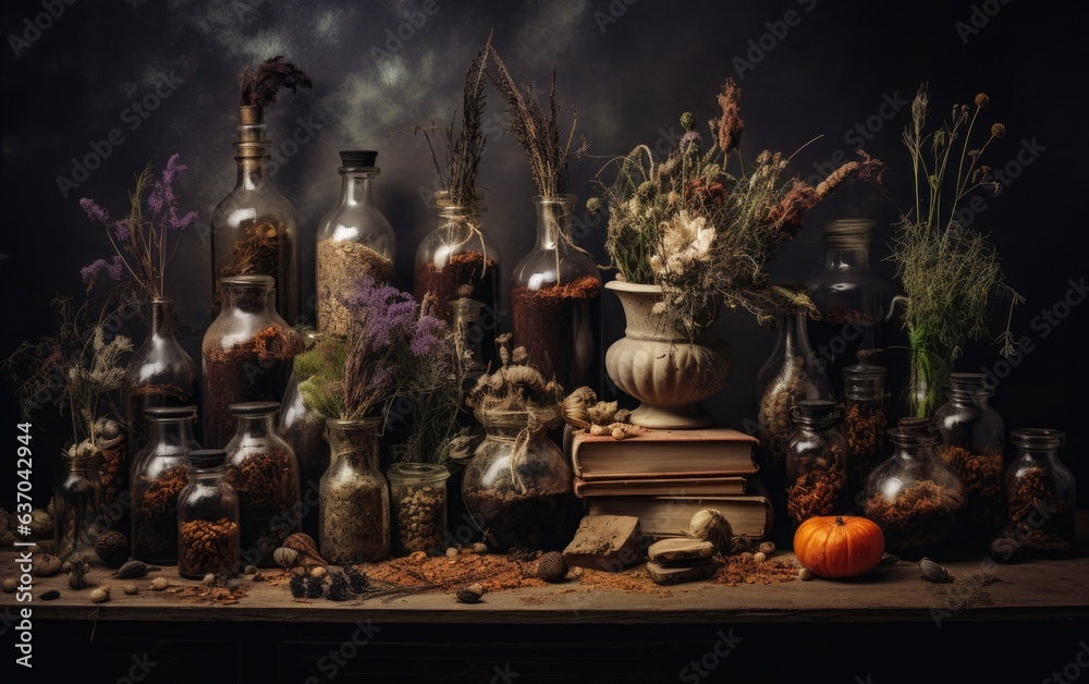 Halloween background of arrangement of dried herbs, potion bottles, and magical elements on a textured backdrop