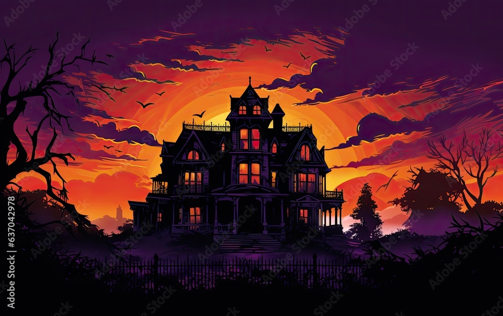 Halloween illustration of a big spooky mansion against a deep purple and orange sky