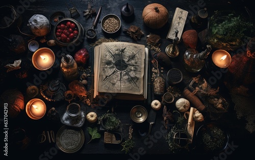 Halloween flat lay featuring a spellbook, potion ingredients, and mystical objects arranged on a dark background