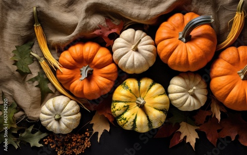 Halloween pumpkins and leaves flat lay background