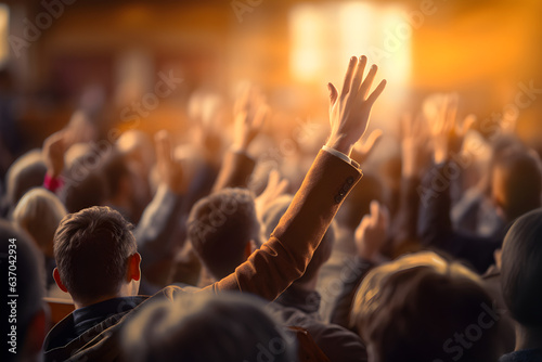 Participant Raising Hand at Venue Event, Convention or Auditorium Scene