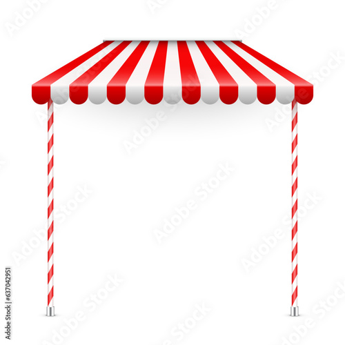 Red shop sunshade with stand holders. Realistic striped cafe awning. Outdoor market tent. Roof canopy. Summer street store. Vector illustration