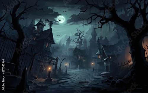 Halloween background with haunted houses and trees