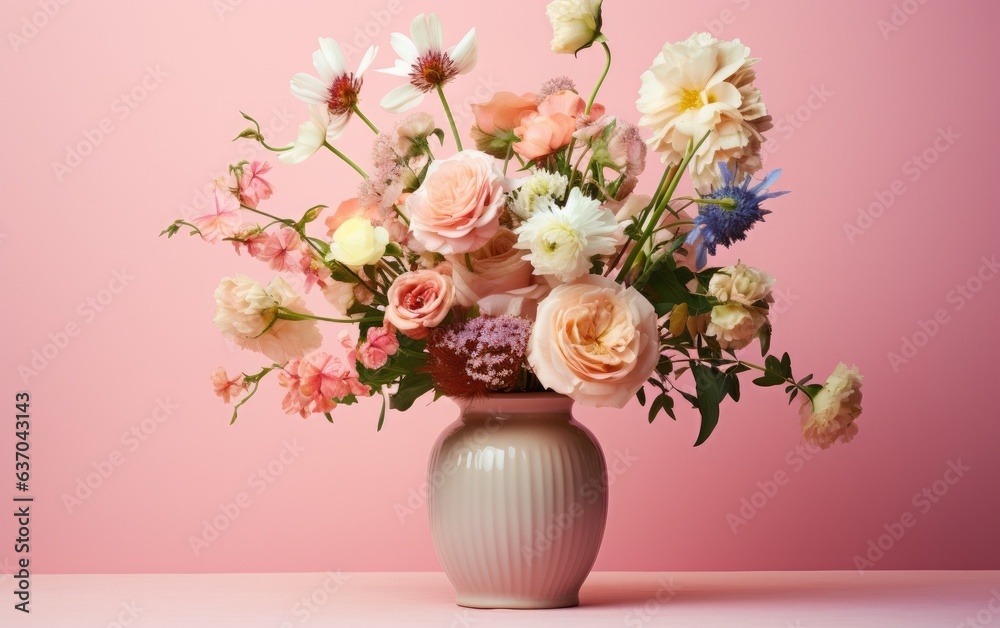 A bouquet of colorful flowers in a vase isolated on a pastel pink background A bouquet of colorful flowers in a vase isolated on a pastel pink background