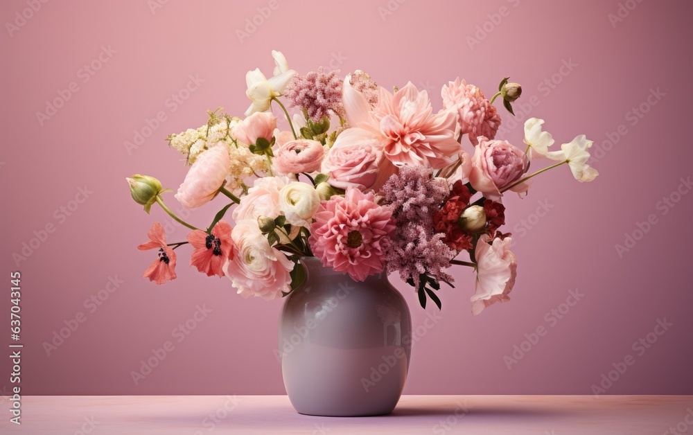 A bouquet of colorful flowers in a vase isolated on a pastel pink background A bouquet of colorful flowers in a vase isolated on a pastel pink background