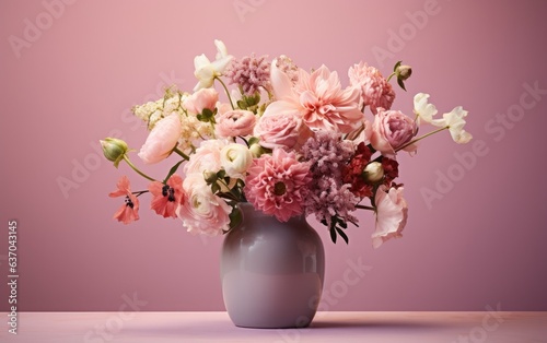 A bouquet of colorful flowers in a vase isolated on a pastel pink background © AZ Studio