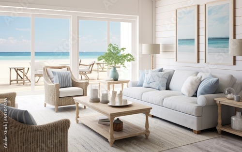 Coastal interior living room with wooden furniture and decor