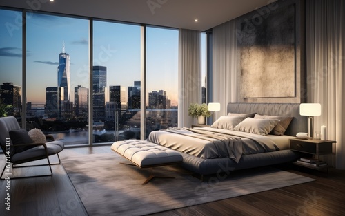 Modern bedroom with a bed and big windows