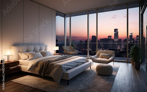Modern bedroom with a bed and big windows © AZ Studio