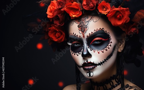 A Woman wearing Day of the Dead makeup and costume