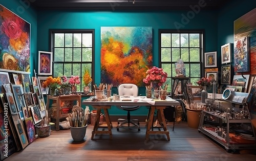 Painting studio with painting supplies and artwork