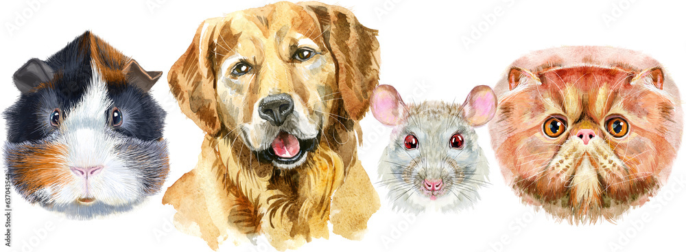 Border from watercolor portraits of dog, guinea pig, cat and rat
