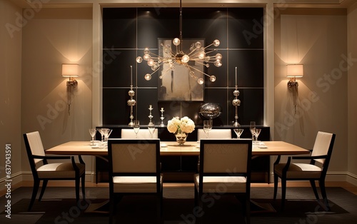 Modern luxury dining room with table  chairs  and chandelier