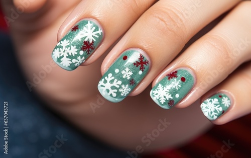 Christmas nail art manicure on female fingers