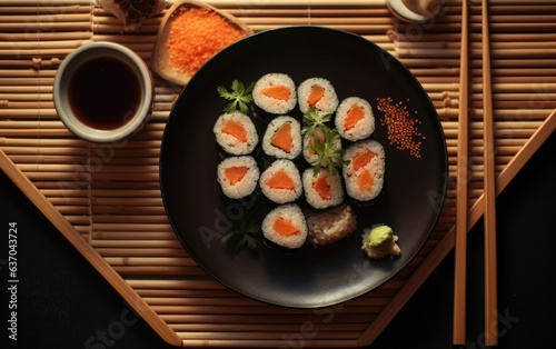 Flat lay photo of sushi rolls and chopsticks