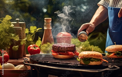Person cooking meats and hamburgers in barbeque outside